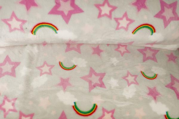 Flanell Fleece Druck Pinke Sterne mit Regenbogen auf Hellgrau